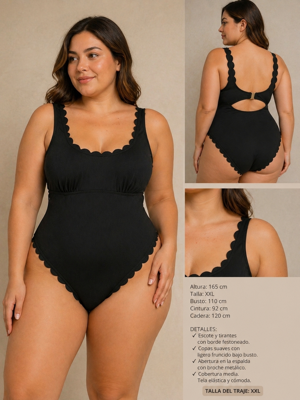 CHARMO Black Scalloped One Piece Swimsuit – Plus Size 2XL